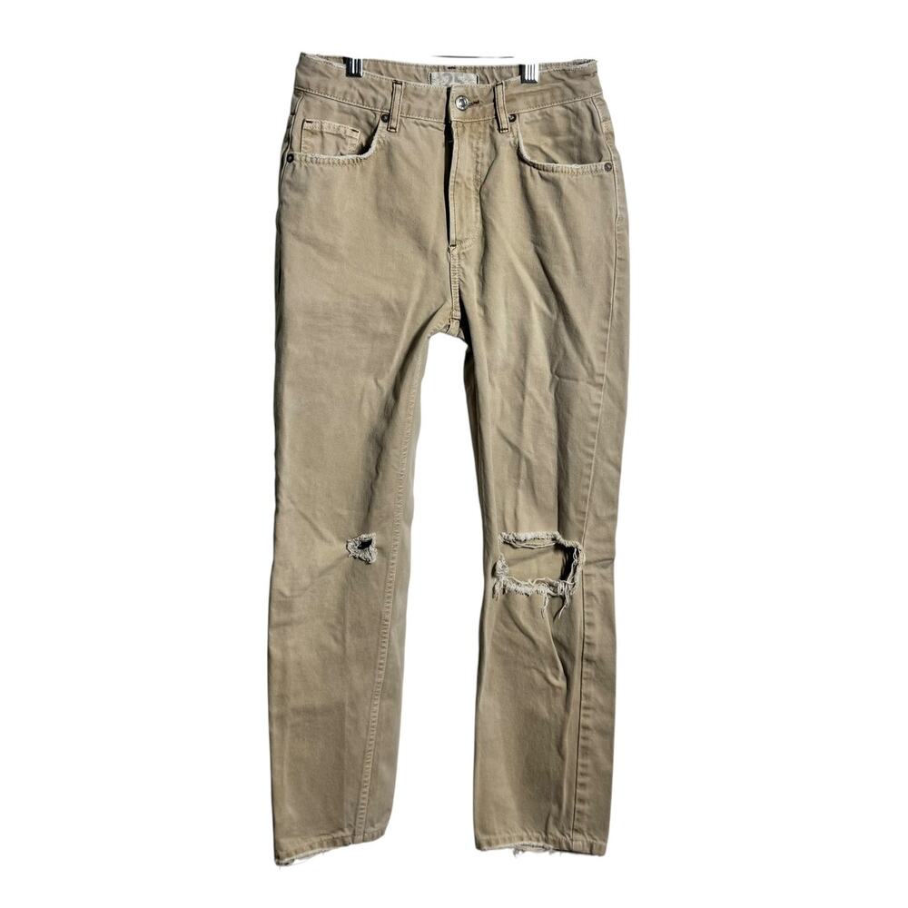 Free People We The Free Pants Women 25 Tan High Rise Distressed Straight Minimal